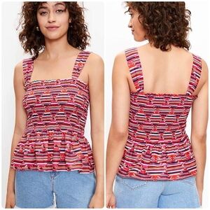 Loft Cotton Ikat Print Smocked Peplum Tank